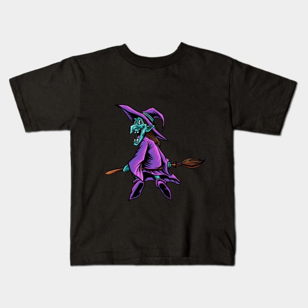 halloween witch flying broom Kids T-Shirt by sharukhdesign